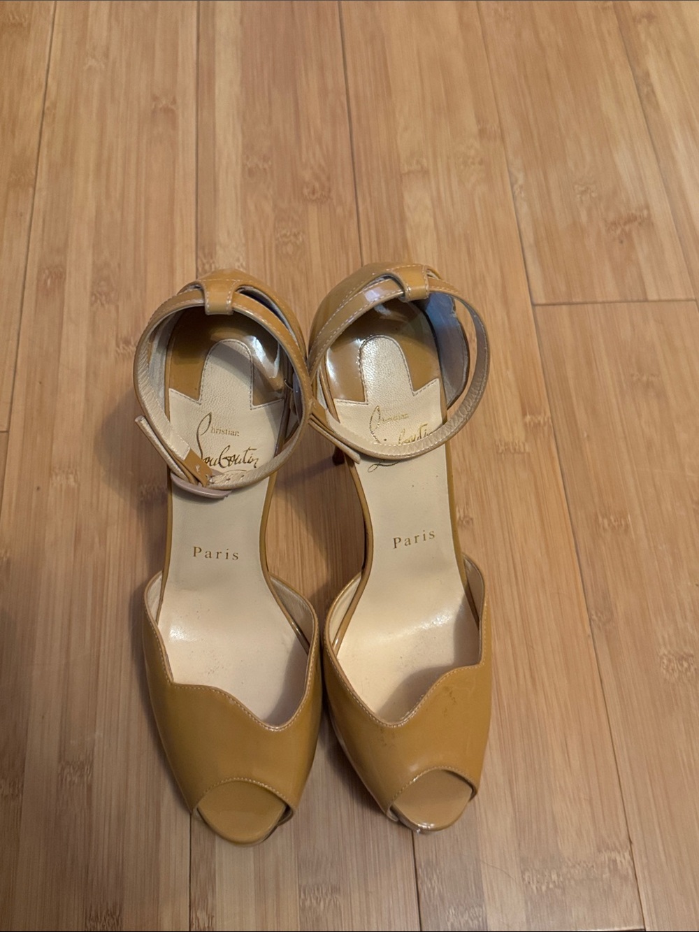 Christian Louboutin Tan Patent Leather Peep-Toe Ankle Strap Heels
